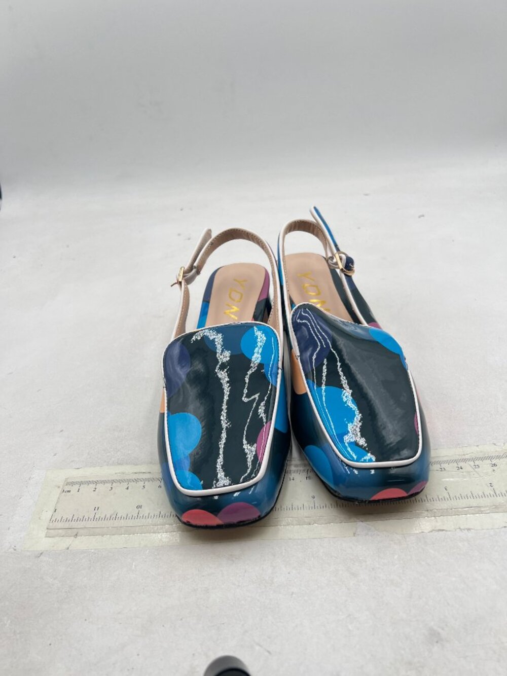 YDN Blue Colorful-dots Square Toe Block Low Heels Slingback Formal Loafer - Picture 3 of 8